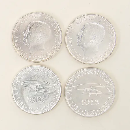 Mynt fyra stycken 10 kronor 1972 Gustav VI Adolf Ø32mm silver 830/1000 Vikt: 72,2 g