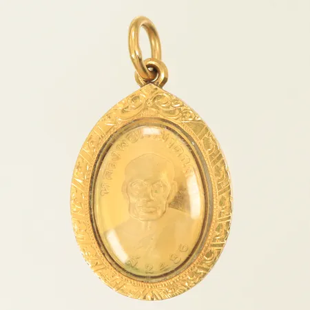 Hänge med buddhafigur och plastglas 35x20mm, 18K 6,1g totalt.