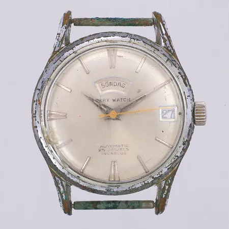 Herrur Pery Watch automat Ø34mm dag/datum stor sekundvisare serienr 1312002, repigt glas, låter som att något är löst inuti
