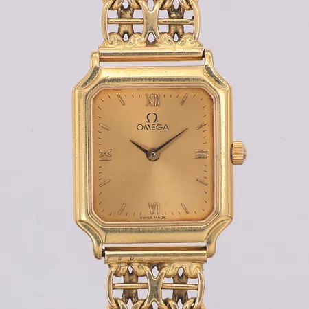 Damur Omega quartz 22 x 20mm klockband X-länk med stav, står still, 18k, bruttovikt 32,7g.