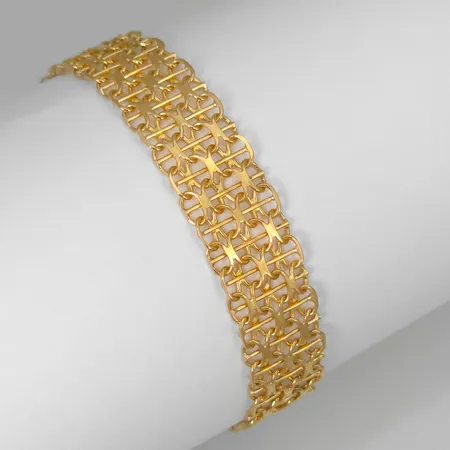 Armband X-länk med stav, 18K guld, Ädelsmycken Aktiebolag (ÄSA), svensk kontrollstämpel, längd knäppt 18,5 cm, bredd 12,5 mm, fint skick Vikt: 17,3 g