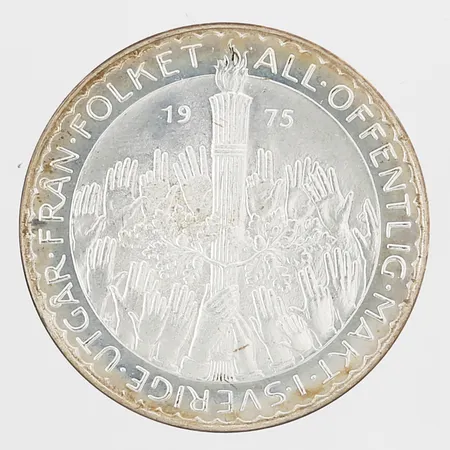 Mynt 50kr All offentlig makt i Sverige utgår från folket år 1975, Ø36mm, etui, silver 925/1000 Vikt: 26,7 g