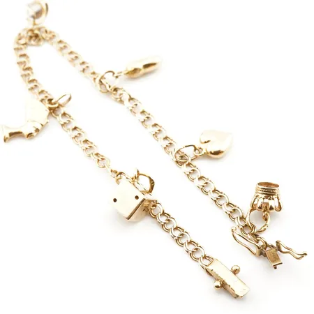 Armband bismarck m 6 berlocker, 19,5cm, bredd 4mm, 18k Vikt: 9,3 g