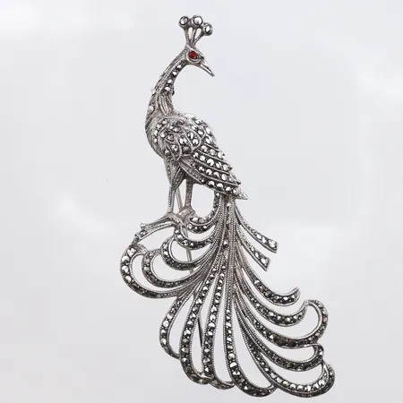 Brosch Påfågel med markasiter, 90x45mm, 830/1000 silver Vikt: 17,7 g