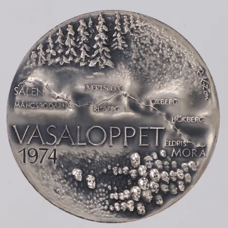 Minnesmedalj Vasaloppet 1974, Ø47mm, nr 67/2600, certifikat, etui, silver 999/1000  Vikt: 62,1 g