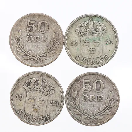 Mynt 4st 50-öre, präglade mellan åren 1928 till 1935, 600/1000 silver Vikt: 19,9 g