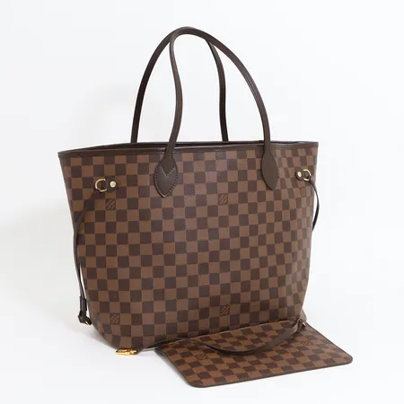 Väska Louis Vuitton Neverfull NM MM Damier Ebene canvas, foder i rött tyg med svarta ränder, invändigt en ficka med dragkedja, numrerad samt märkt Louis Vuitton Paris made in France,  46x28x16cm, med tillhörande pochette, dustbag, kvitto, påse, i nyskick. 