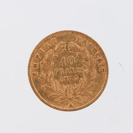 Mynt 10 10 Francs - Napoléon III, präglat år 1860, Ø19m, 900/1000 guld (21,6K). Vikt: 3,2 g