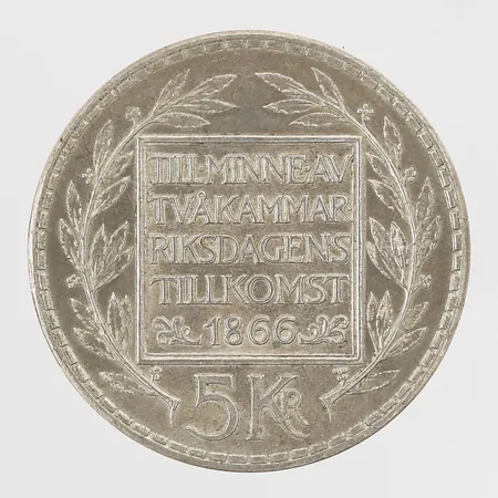 Mynt 5kr Gustaf VI Adolf år 1966, Ø34mm, Till minne av tvåkammarriksdagens tillkomst 1866, silver 400/1000 Vikt: 17,9 g