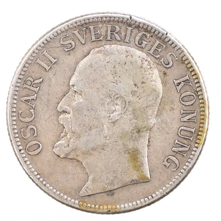 Mynt 2 Kronor Oscar II, präglat år 1907, 800/1000 silver,  Vikt: 14,9 g