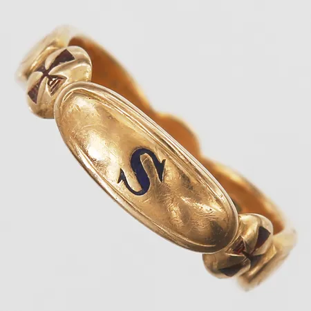 Ordensring, Frimurarna, med texten SCD emalj, kraftigt slitage på emalj samt emaljbortfall, stl: 22¾, gravyr, 18K guld Vikt: 10,8 g