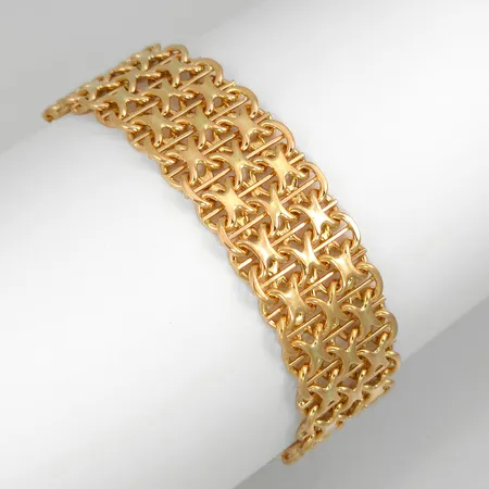 Armband X-länk med stav, 18K guld, kraftig modell, N S E Guldvaru Aktiebolag, Köping, svensk kontrollstämpel, längd knäppt 18,5 cm, bredd 18 mm, tjocklek 2,3 mm, säkerhetskedja för extra säkerhet, fint skick Vikt: 53,6 g