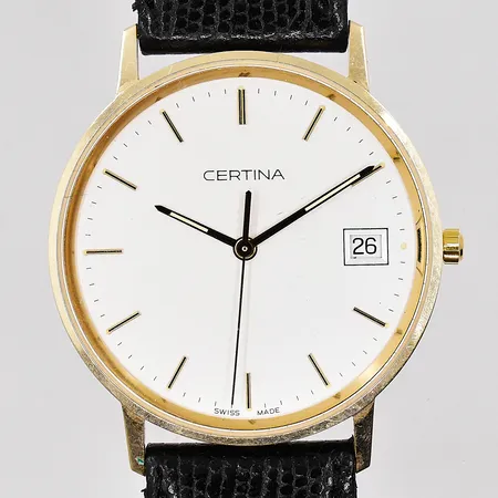 Herrur Certina 14K, quartz, Ø34mm, EOL 158.9289.65, datum, läderband, graverad bakboett, behov av batteribyte, bruttovikt 26,2g, box.