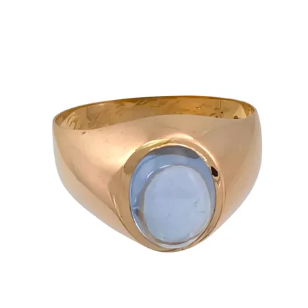 Ring, 18K guld, ljusblå Spinell 7x9 mm, Trege Guldsmedsaktiebolaget (GGG), svensk kontrollstämpel, stl:18,0 mm, bredd 2,5 - 11 mm, fint skick, sten utan anmärkning, invändig gravyr Vikt: 3 g