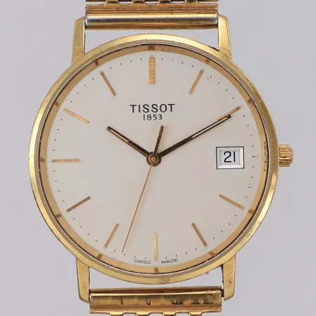 Herrur Tissot 18K, quartz, 33mm, datum, går ej, slitet stålarmband ej original, gravyr För nit och redlighet i rikets tjänst, manual, etui.
