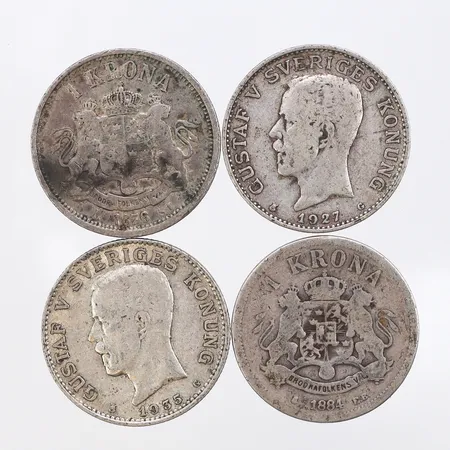 Mynt 4st 1-krona, präglade mellan åren 1876 till 1935, 800/1000 silver Vikt: 29,5 g