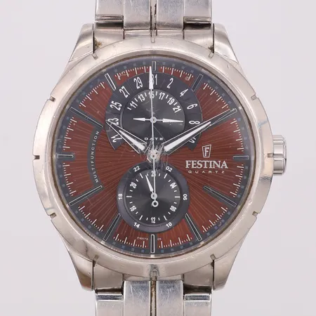 Herrur Festina ca Ø46mm stål quartz referensnr F16632, stållänk, viklås ca 19cm, repigt plastglas, står still, inga tillbehör
