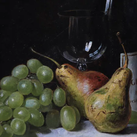 Tavla stilleben vinflaska och frukt, Eugène Jansson, olja på duk, signerad Eug. Jansson, enligt proveniens a tergo utförd under 1880-talet, bildyta ca 28 x 25,5cm, ram med skador, mindre krackelyr. Vikt: 0 g Skickas med postpaket.