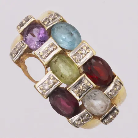 Ring med ametist, citrin, granat, peridot, topas, och diamanter 20xca0,0075ct, stl:17, bredd:2-11mm, en färgsten fattas, flera stenar lösa i fattningar, GHA, 18K Vikt: 5,3 g Vikt: 5,3 g