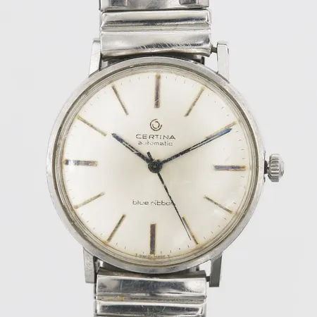 Armbandsur Certina Blue Ribbon Automatic, Ø 34mm, boettnr: 5601 102 5852978, stål, plexiglas, repor, bucklor på flexiband, graverad bakboett, flexiband i metall, originalask