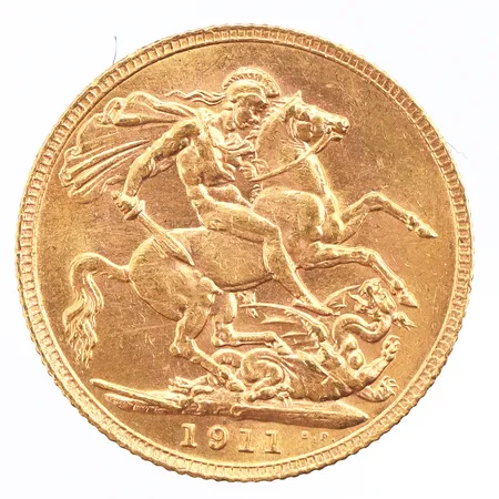 Mynt 1 Sovereign - George V, präglat år 1911, Ø22mm, 22K Vikt: 8 g