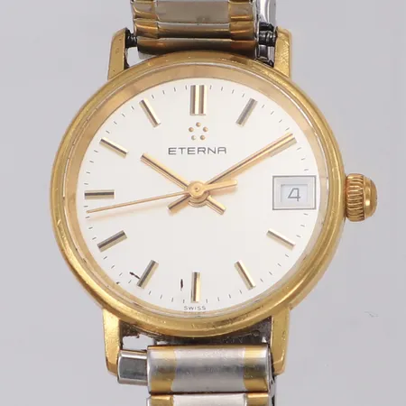 Damur Eterna 18K, quartz, 21,5mm, refnr 4700.68, datum, gravyr, går ej, flexarmband i stål, inga tillbehör. 