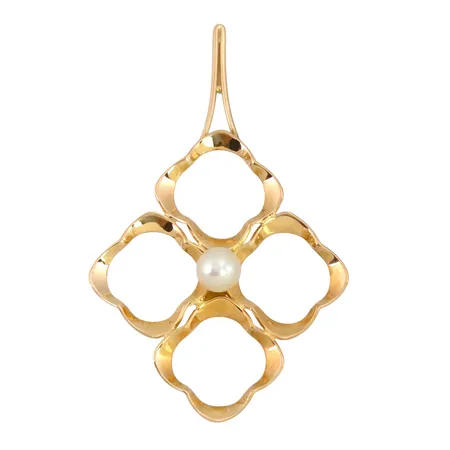 Hänge, 18K guld, större modell, odlad Pärla Ø 4,3 mm, Alton Guldvaru Ab, svensk kontrollstämpel, längd inkl. ögla 42 mm, bredd 26 mm, fint skick Vikt: 1,7 g