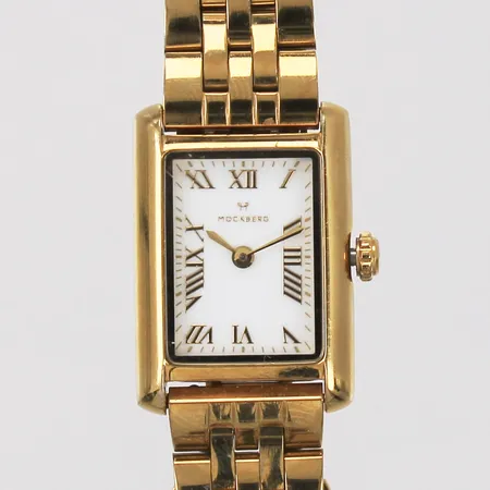 Damur Mockberg ca 25x19mm quartz batteribyte behövs stål extra länkbit viklås gulmetall inga tillbehör
