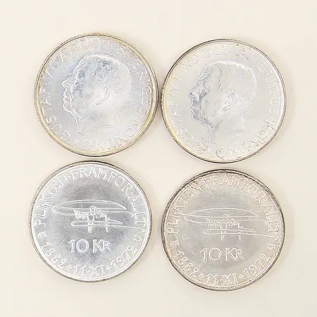 Mynt fyra stycken 10 kronor 1972 Gustav VI Adolf Ø32mm silver 830/1000 Vikt: 72,2 g