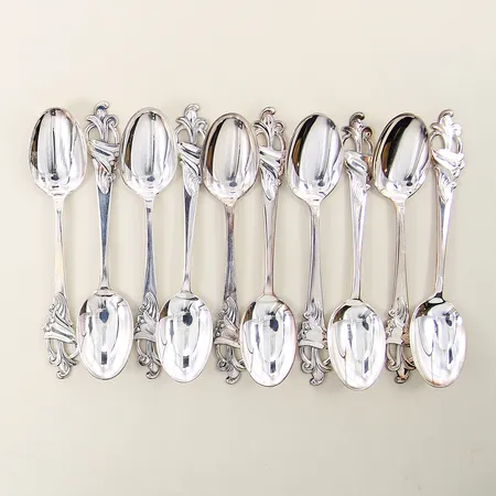 Kaffeskedar tio stycken modell Blåklocka Thorvald Marthinsen Norge längd 11,5cm silver 830/1000 Vikt: 111,7 g