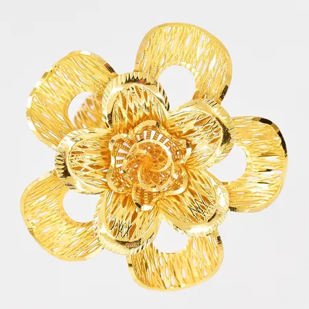 Ring blomma med öppen skena stl:18½, Ø35mm, ostämplat, 21K. Vikt: 8,2 g
