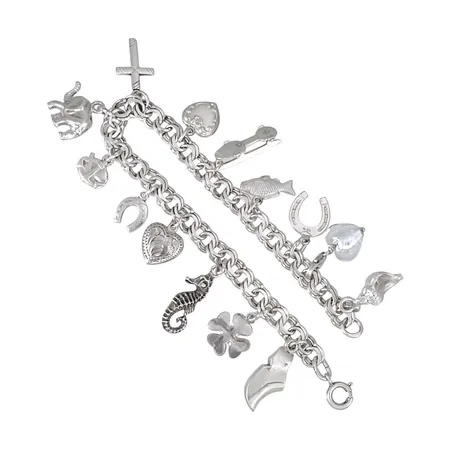 Armband Bismarck med berlocker (14 st.), silver, längd 19 cm, bredd 6 mm, berlocker med varierande mått  Vikt: 24 g