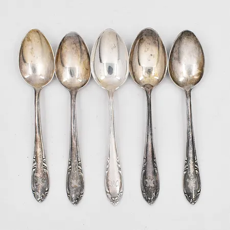 5 Kaffeskedar modell Slottsbarock längd 12cm, monogram M silver 830/1000 Vikt: 78,1 g
