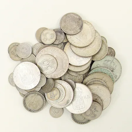 Diverse olika silvermynt, 75 stycken, olika år samt valörer, bruksslitage, silver 400/1000 Vikt: 398,1 g