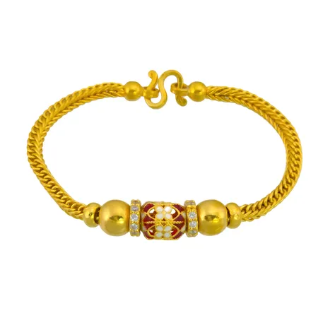 Armband, 23K guld (965/1000), röd och vit emalj, vita stenar, längd 17,0 cm, bredd 3,3 - 8,5 mm, fint skick, 1 baht Vikt: 15,2 g