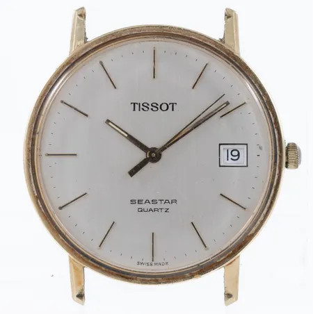 Herrur Tissot Seastar guld 14K 33,5mm quartz, plexiglas, datum, stift och länk saknas, märken på horn, nött krona, repigt glas, namn- och företagsgravyr. Går ej, batteribyte krävs?