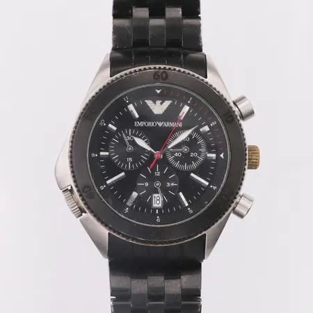 Herrur Emporio Armani, Ø43 mm, refnr, AR- 0547, quartz, kronograf, datum, stoppur, timer, stål / svarteloxerad, stållänk, sliten länk, färgbortfall, inga tillbehör