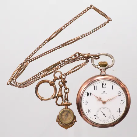 Fickur Omega silver 800/1000 ingår klockkedja metall med kompass  Vikt: 0 g
