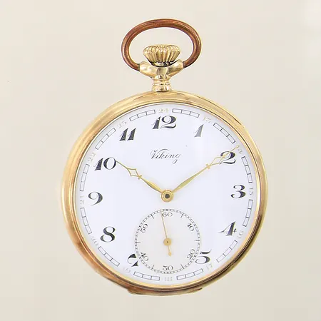 Fickur Viking 14K Boliden guld manuell boett-nr:3726 Ø50mm innerboett i metall, urkedja i gulmetall, etui med slitage, plexiglas med repor, boett med mindre bucklor, bruttovikt: 79,8g