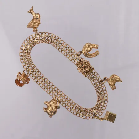 Armband X-länk med berlocker längd 19cm, bredd 6,1mm, svenska stämplar, 18K Vikt: 14,9g Vikt: 14,9 g
