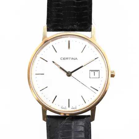 Herrur Certina 14K, 33,5mm, quartz, gravyr, batteribyte krävs, repigt plexiglas, läderband, box, ytterkartong.