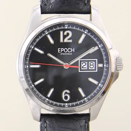 Herrur Epoch Stockholm stål automatisk ref-nr:EP2003 serie-nr:00016 Ø42mm, safirglas, glasbaksida, datum, läderband ej original med slitage, boett med mindre repor samt stötmärken, inga tillbehör 