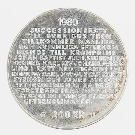 Mynt 200kr Ändrad successionsordning år 1980 Ø36mm, Carl XVI Gustaf, etui, silver 925/1000 Vikt: 26,9 g
