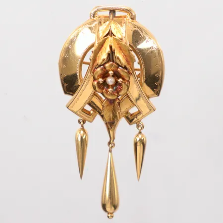 Brosch med pärla Ø3mm, längd 6,5cm, bredd 31,3mm, år1954, 18K Vikt: 6,9 g