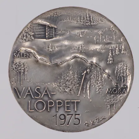 Minnesmedalj Vasaloppet 1975, Ø47mm, nr 421/2600, certifikat, etui, silver 999/1000 Vikt: 62,8 g
