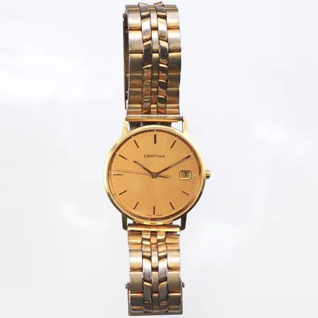 Herrur Certina 18K, 33,5mm, quartz, srn: EOL 158.9289.68, klockarmband i oädel metall, batteribyte krävs, gravyr, inga tillbehör.