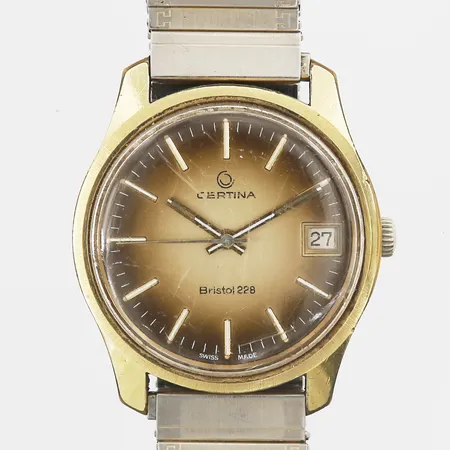 Armbandsur Certina Bristol 228, går ej/akut servicebehov, Ø 34mm,  datum, plexiglas med repor, graverad bakboett, boettnr: 852 377 25, guld på stål, flexiband i metall