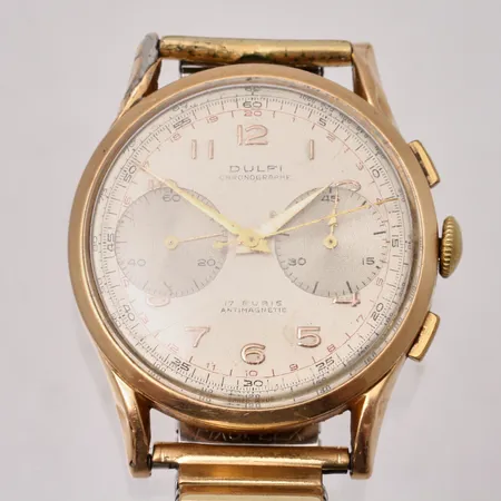 Herrur Dulfi Chronographe, guld på stål med boettlock i 18K guld, manuell, Ø37,5mm, flexband, repor i glas, defekt, inga tillbehör.