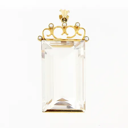 Hänge Stigbert för Heribert Engelbert Stockholm 1946, 40x15mm, Bergkristall samt små troligen orientaliska pärlor, mindre skevhet på övre dekoration, 18K Vikt: 11 g
