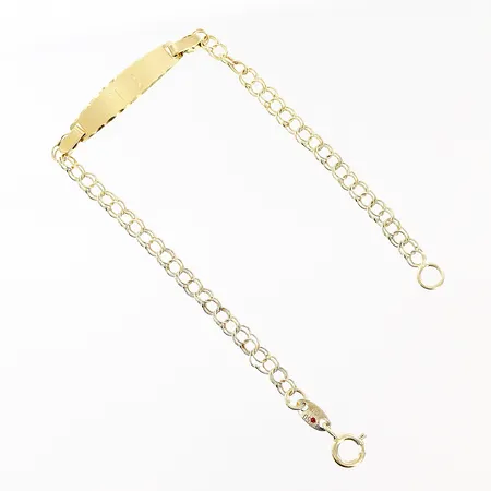 Barnarmband med platta Guldfynd, längd 13,5cm, skev kedja, gravyr, 18K Vikt: 1,4 g